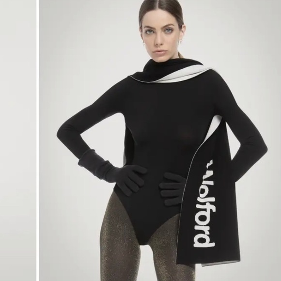 $370 NEW Auth WOLFORD Black Ecrue WOLFORD LOGO VIRGIN WOOL KNIT Long Scarf - Picture 2 of 2